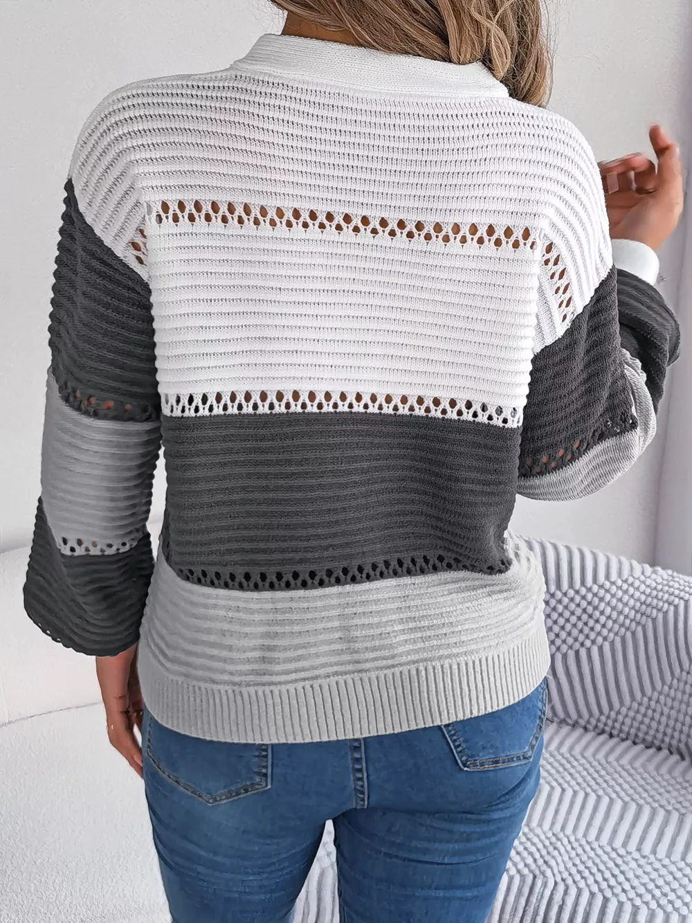 Color Block Striped V-Neck Button Detail Sweater, image 8