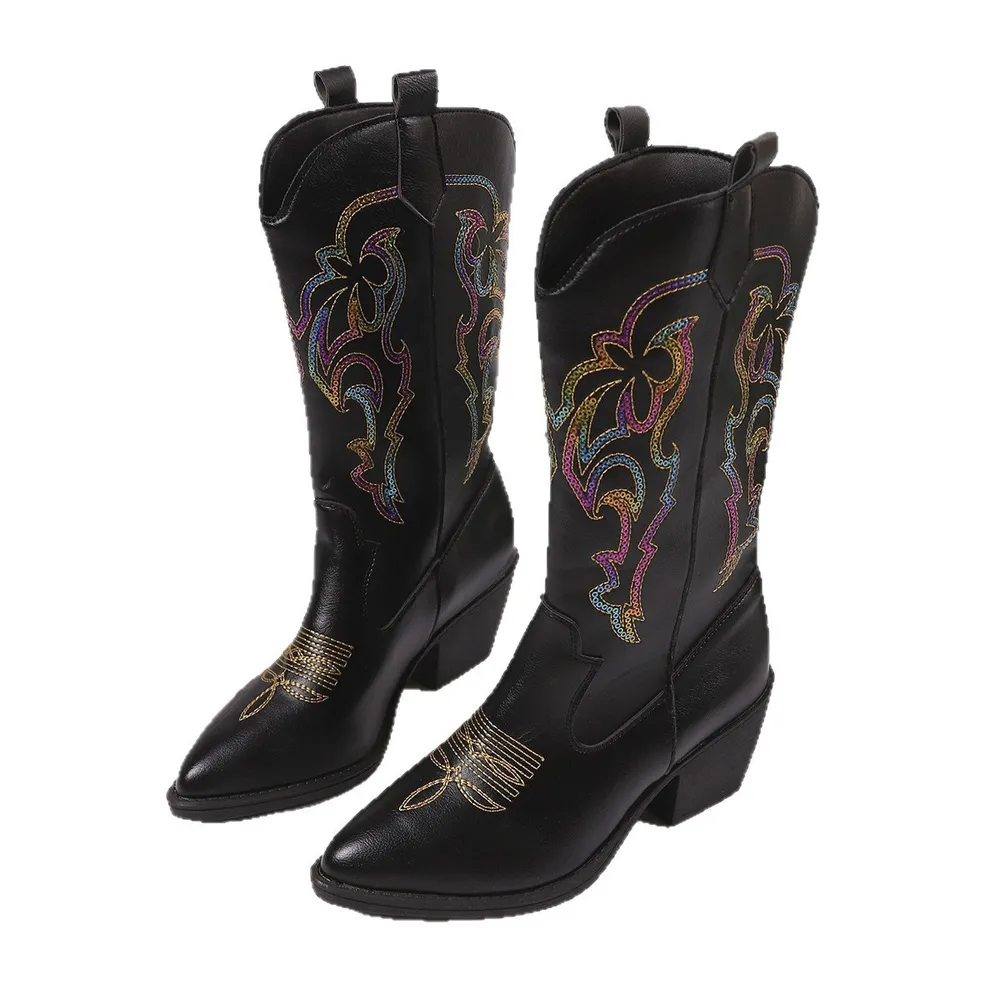 Embroidered Point Toe Block Heels Boots, image 3