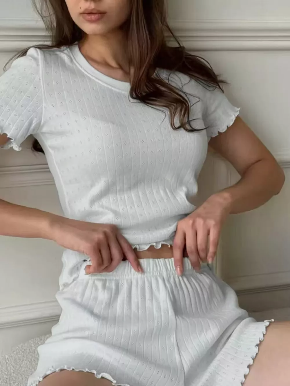 Ribbed Texture Top and Shorts Lounge Set with Lettuce Edge Trim, image 7