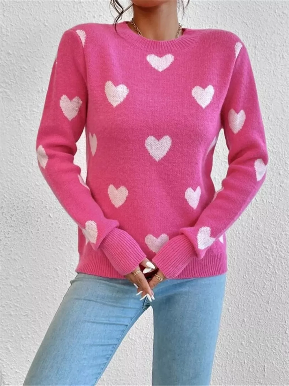 Heart Pattern Round Neck Sweater, image 5