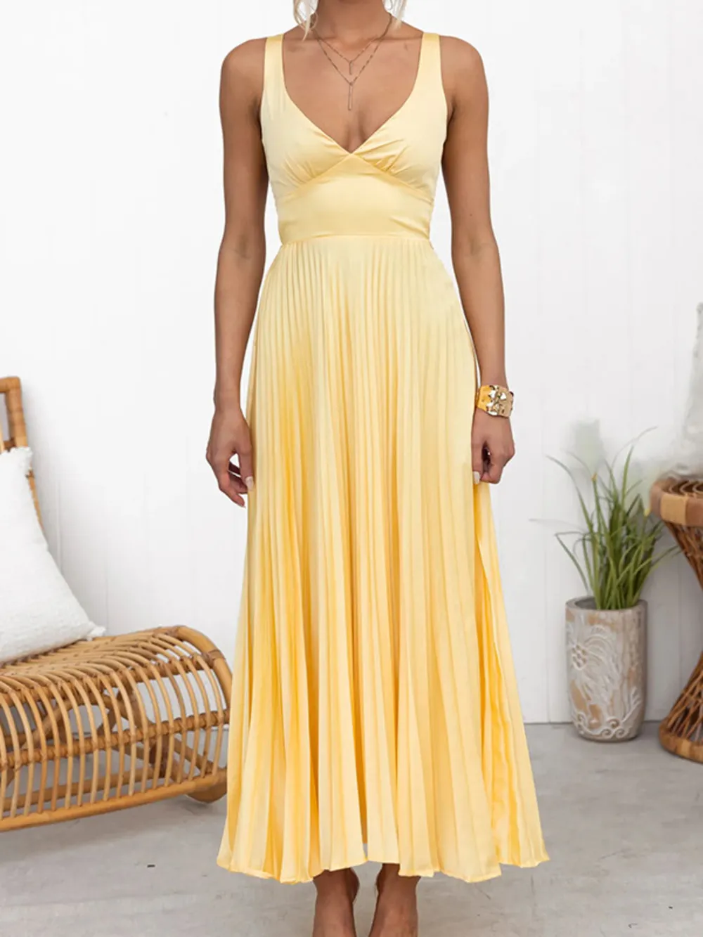 Pleated V-Neck Sleeveless Maxi Dress, image 5