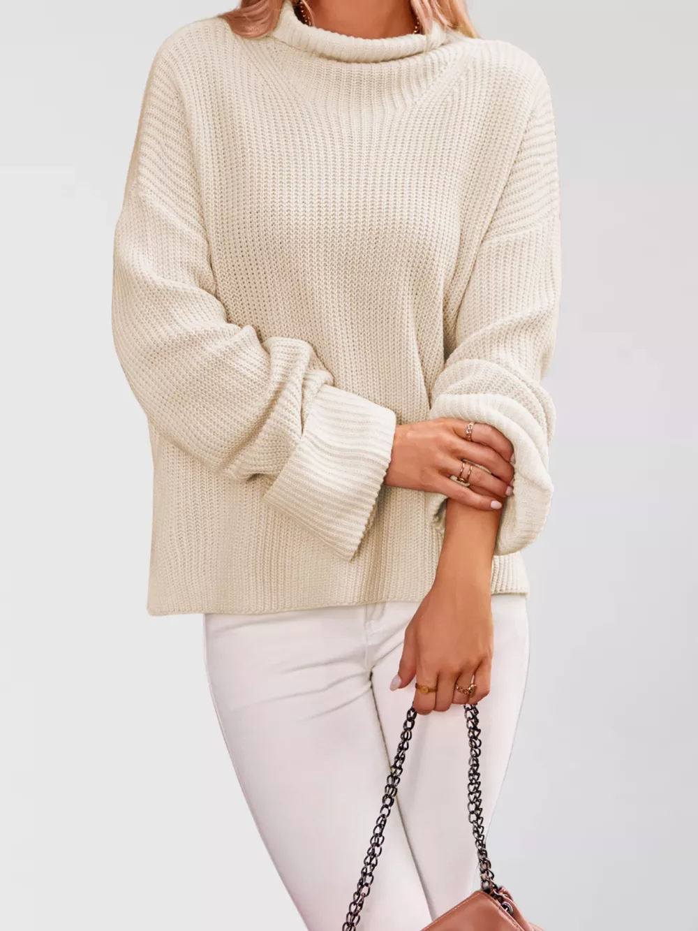 Mock Neck Dropped Shoulder Sweater, image 2