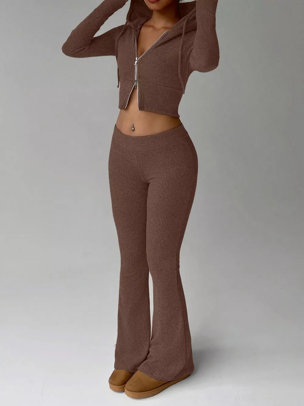 Ribbed Knit Zip-Up Hooded Top and Flared Pants Set, image 8