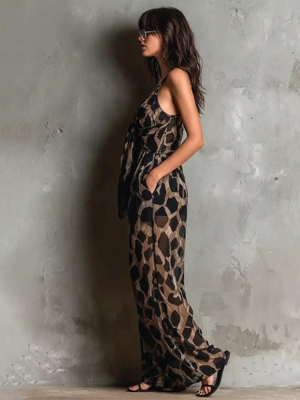 Leopard Front Tie Detail Wide-Leg Jumpsuit, image 3
