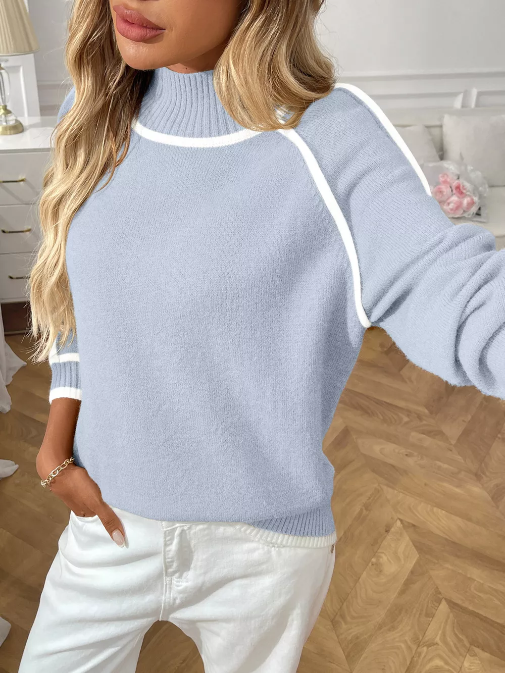 Contrast Trim Turtleneck Long Sleeve Sweater, image 7