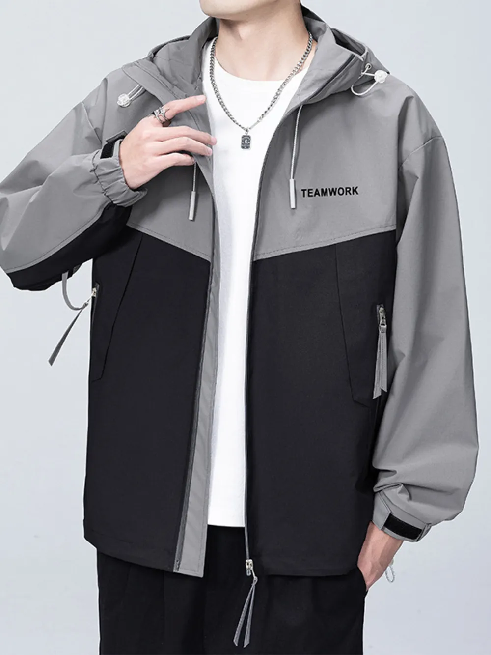Men's Full Size Contrast Zip Up Long Sleeve Jacket Plus Size, image 5