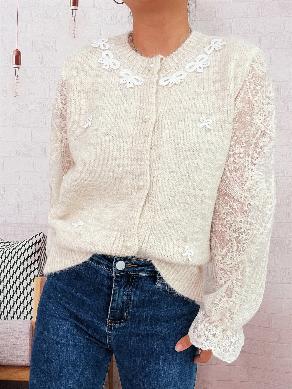 Lace Sleeve Button-Up Cardigan, image 6