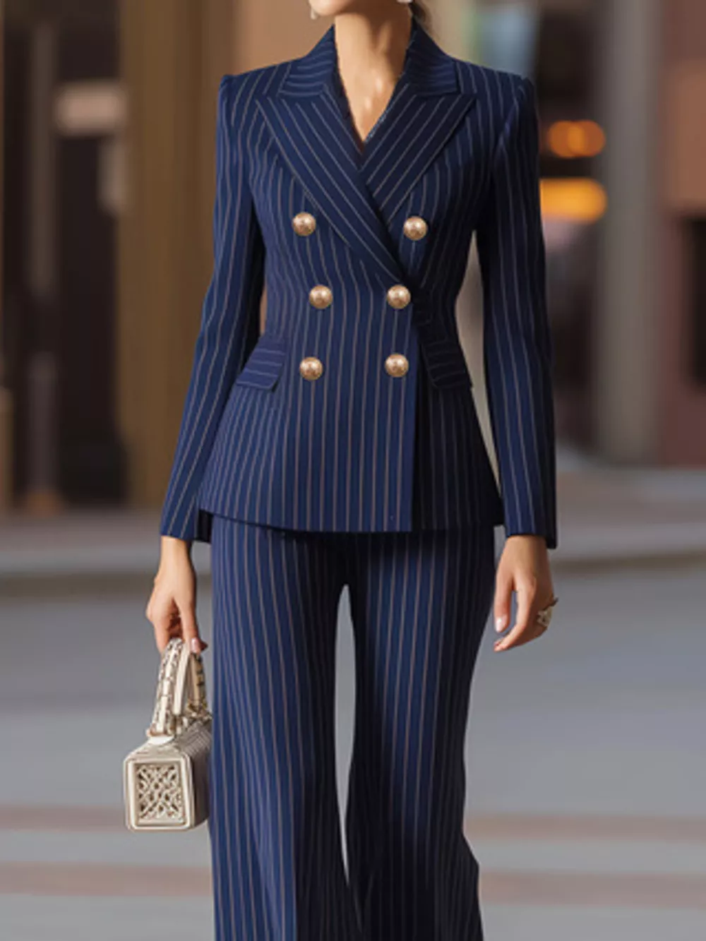 Striped Double-Breasted Blazer & Wide Leg Pants Set, image 3