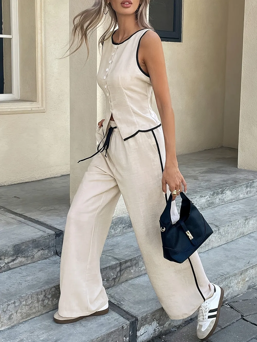 Casual Button-Up Tank and Wide-Leg Pants Set, image 5