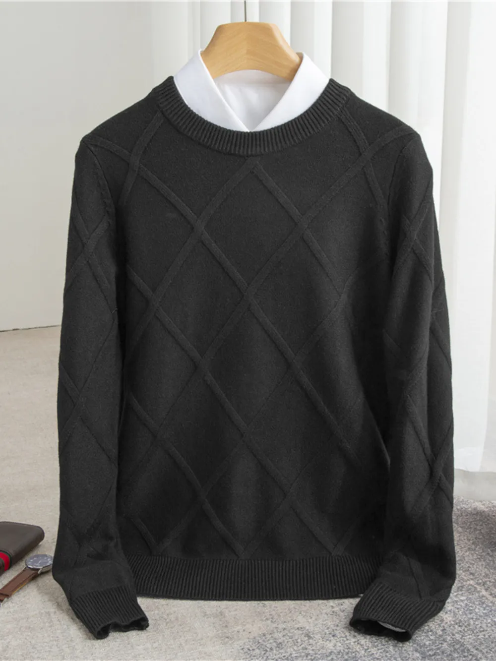 Men's Full Size Diamond Pattern Long Sleeve Sweater Plus Size, image 2
