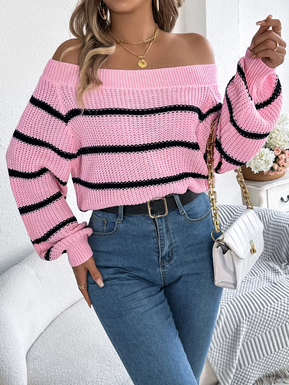 Off-Shoulder Striped Contrast Sweater, image 7