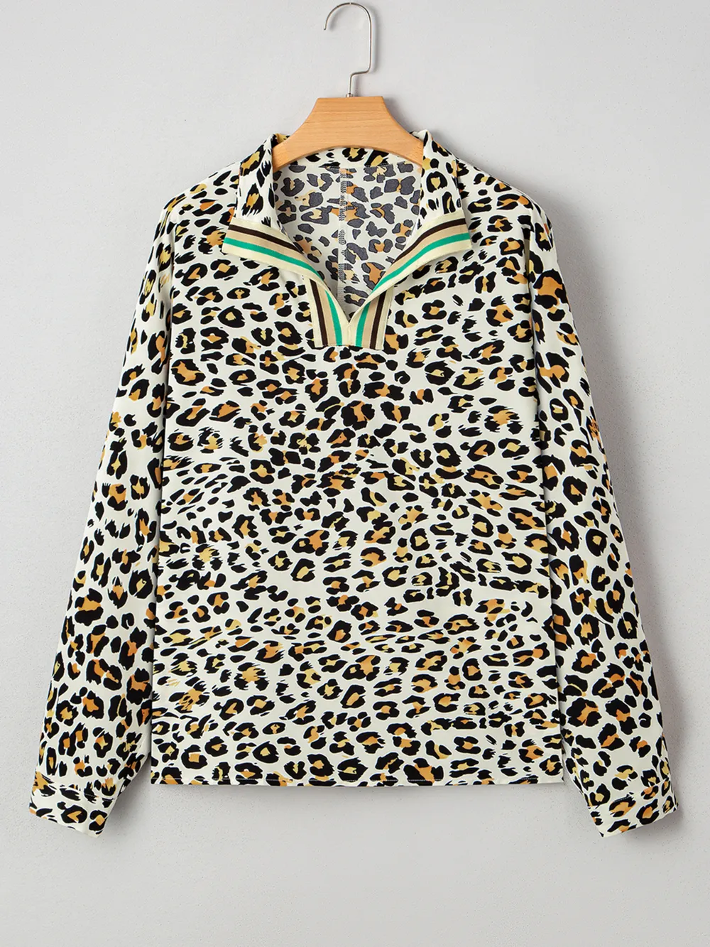 Leopard Print Contrast Striped V Neck Blouse, image 6