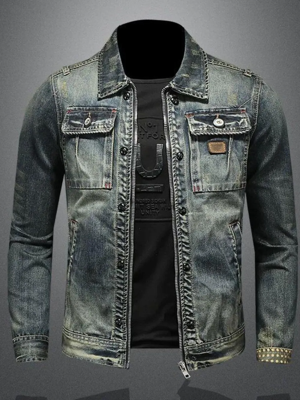 Men's Plus Size Vintage Washed Zip Up Denim Jacket, image 2