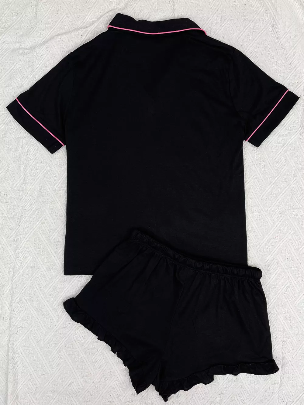 Contrast Piping Button-Down Shirt and Ruffle Shorts Lounge Set, image 6