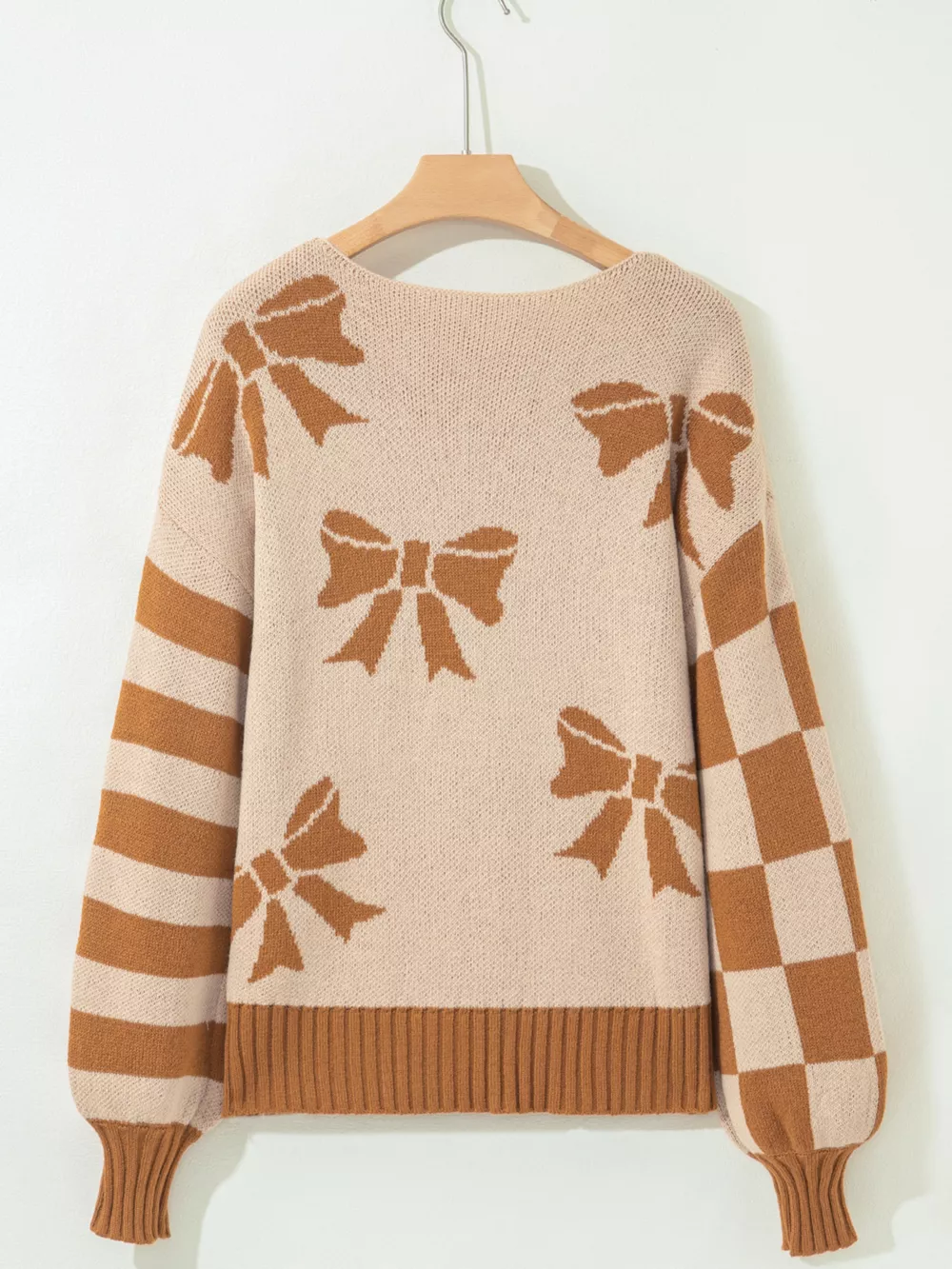 Ribbon Bow Checkered Striped Sleeve Drop Shoulder Sweater, image 6