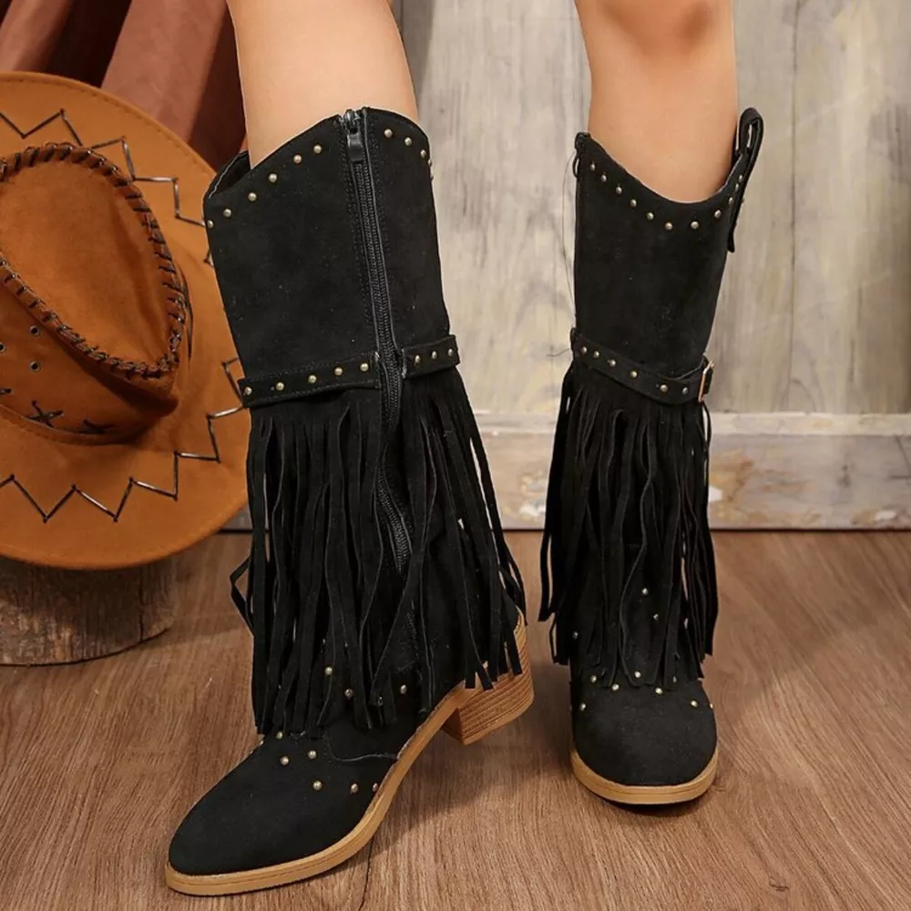 Fringe Point Toe Block Heels Boots, image 12