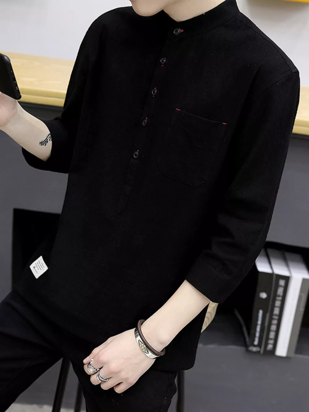 Men's Plus Size Button Detail 3/4 Sleeve Shirt Plus Size