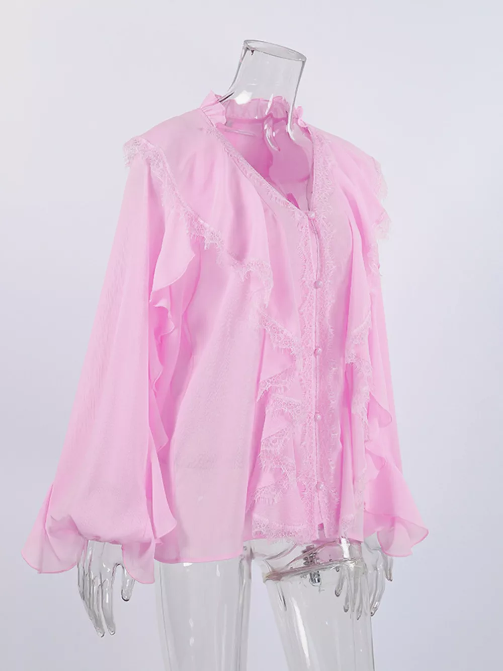 V-Neck Ruffled Lace Trim Blouse, image 16