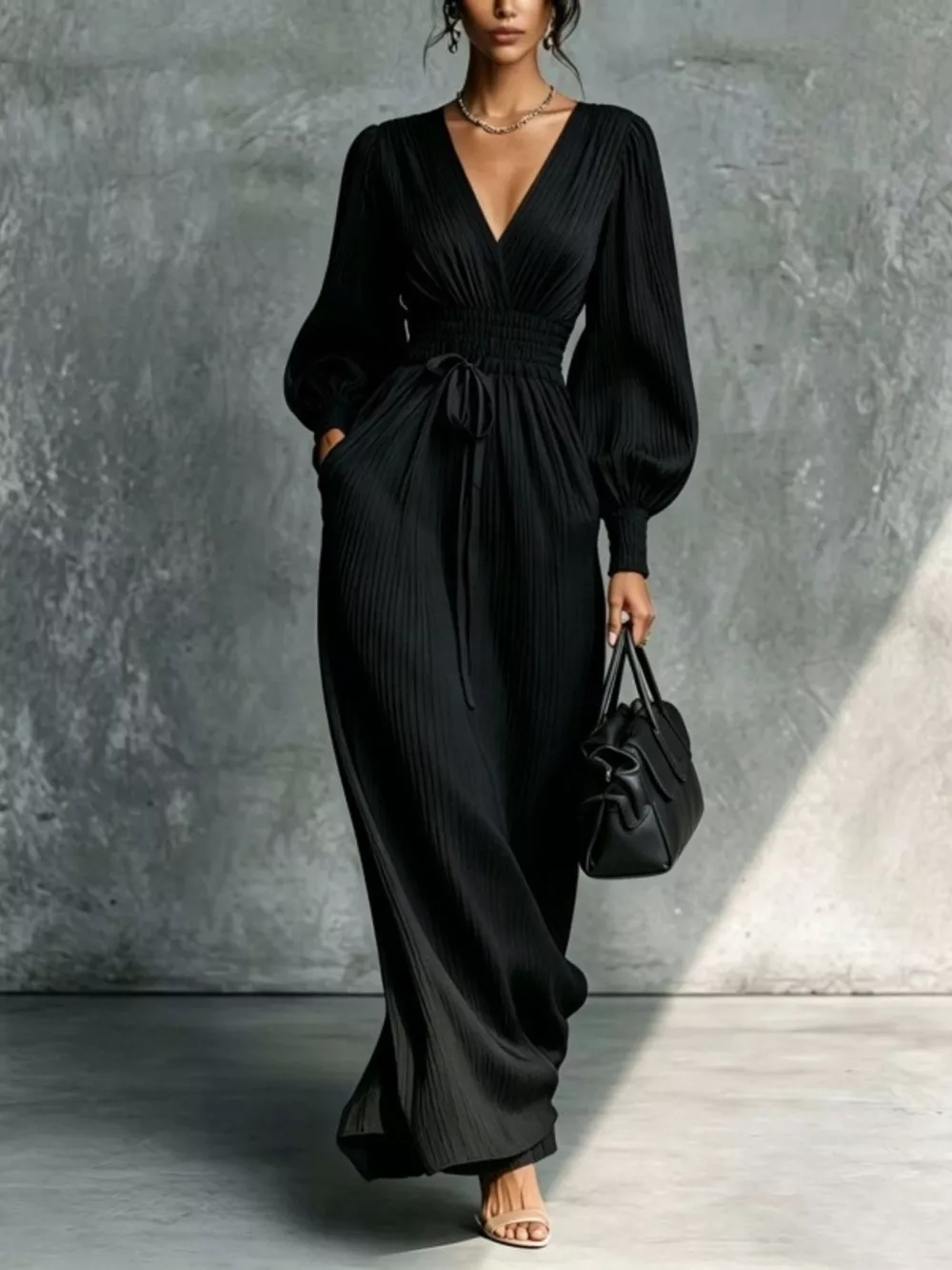 Elegant Pleated V-Neck Maxi Dress with Lantern Sleeves and Tie-Waist, image 3