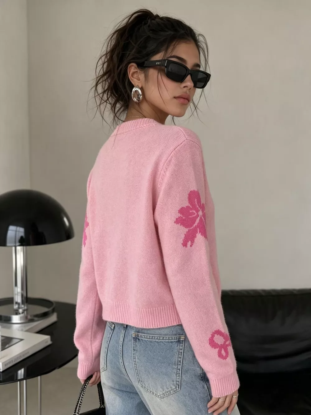 Floral Crew Neck Cropped Knit Cardigan, image 24