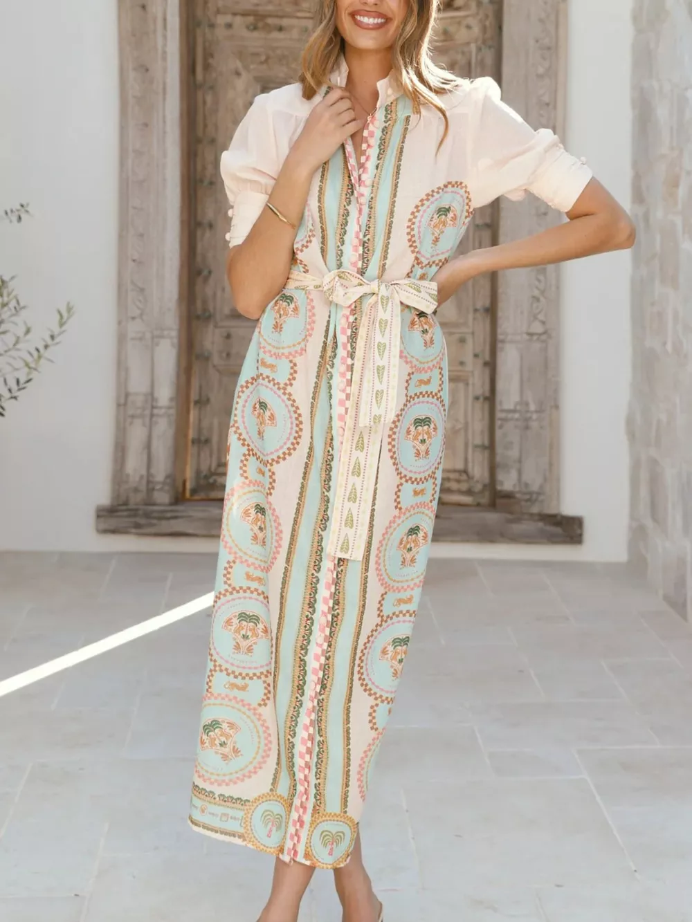 Printed Puff Sleeve Tie Waist Midi Dress, image 7