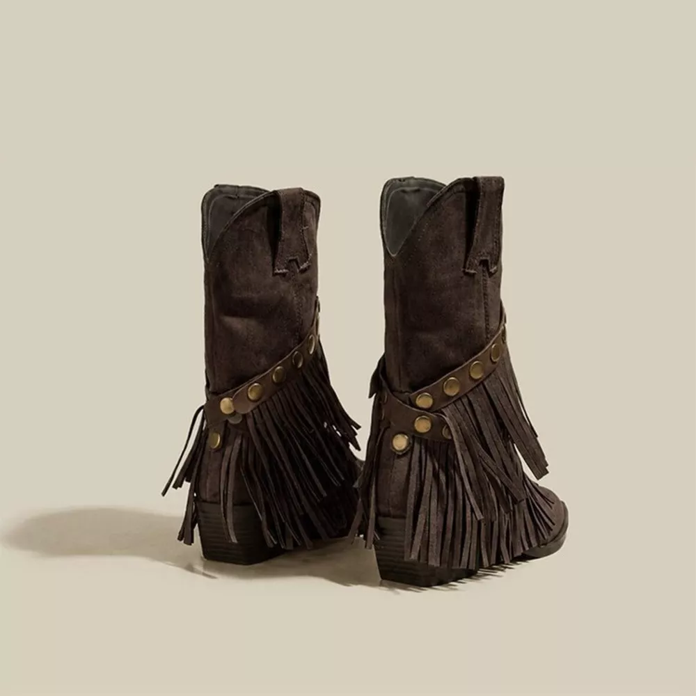 Vintage Suede Western Fringe Boots with Studded Straps