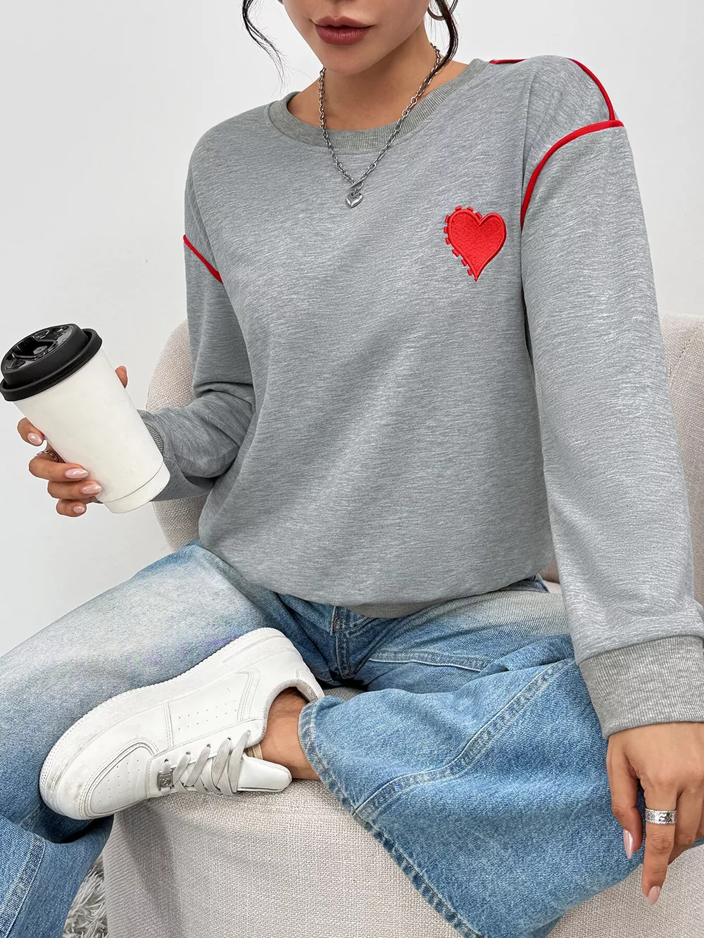Heart Embroidered Round Neck Sweatshirt, image 6