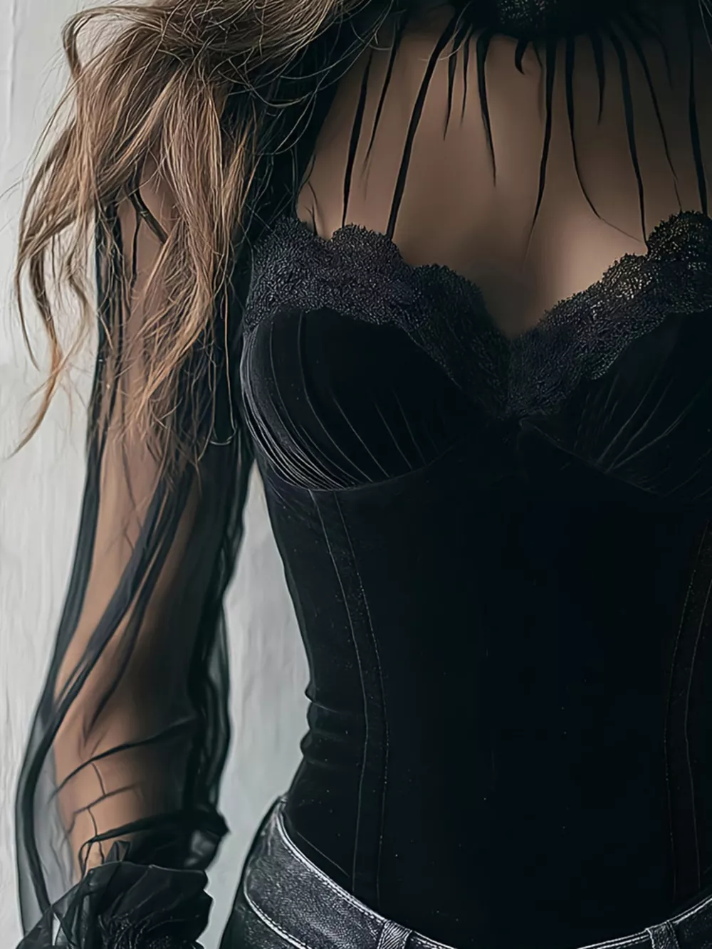 Lace Trim Velvet Sheer Sleeve Blouse, image 4