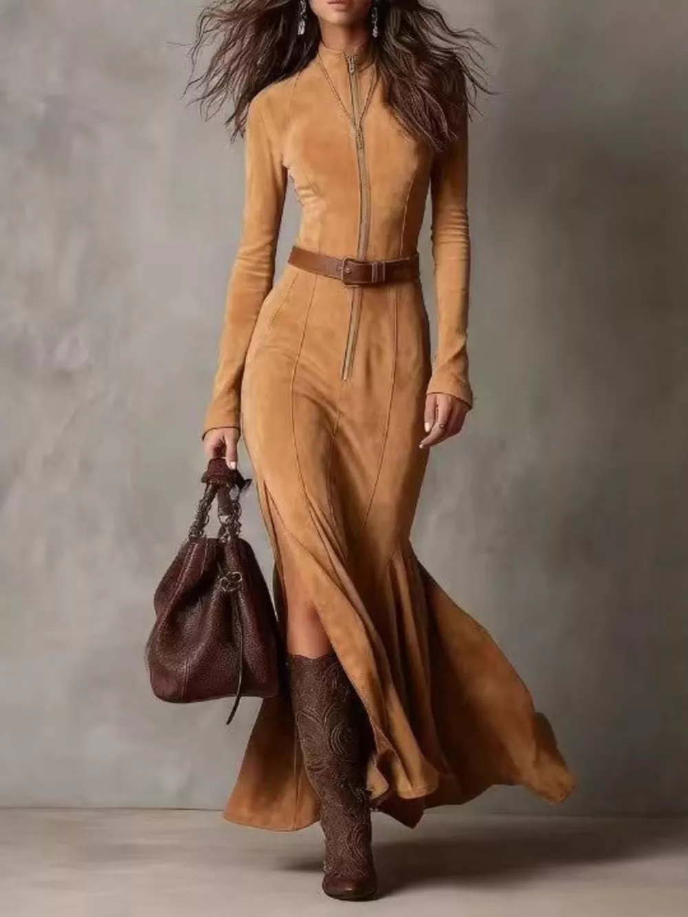 Full Size Slit Zip-Front Long Sleeve Maxi Dress with Belt Plus Size, image 6