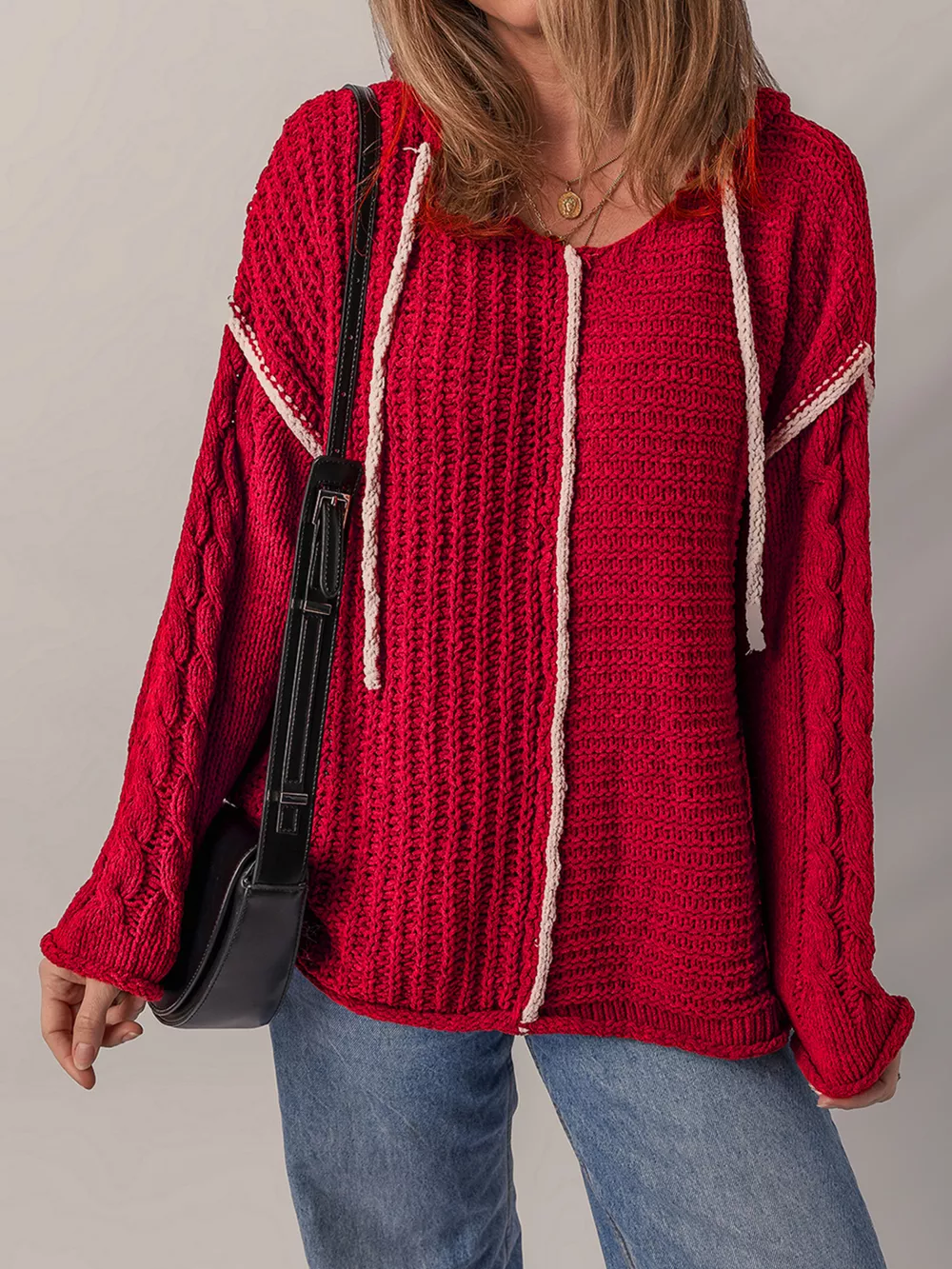 Contrast Trim Textured Knit Drawstring Hooded Sweater, image 7