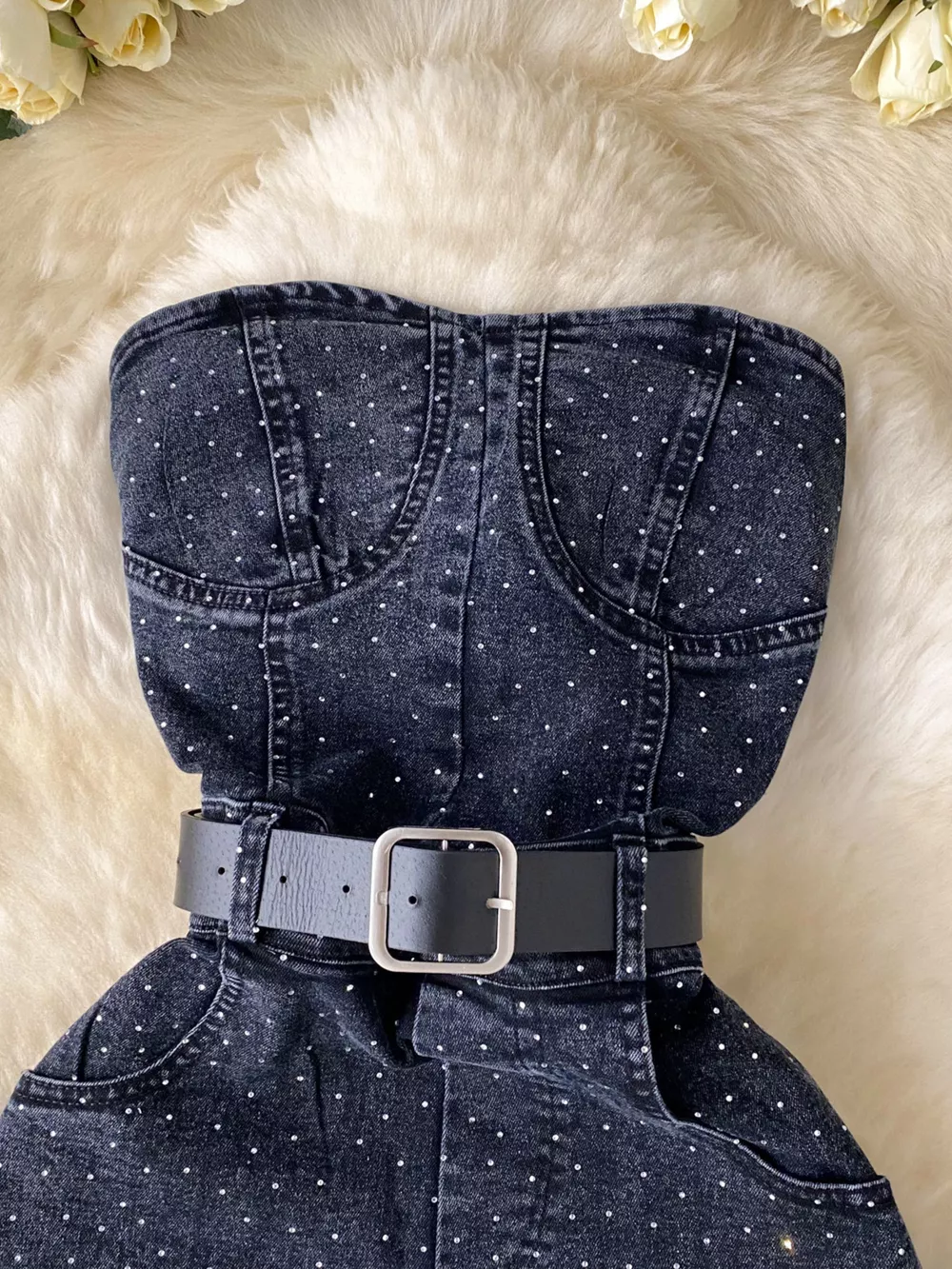 Strapless Denim Romper with Pockets, image 9