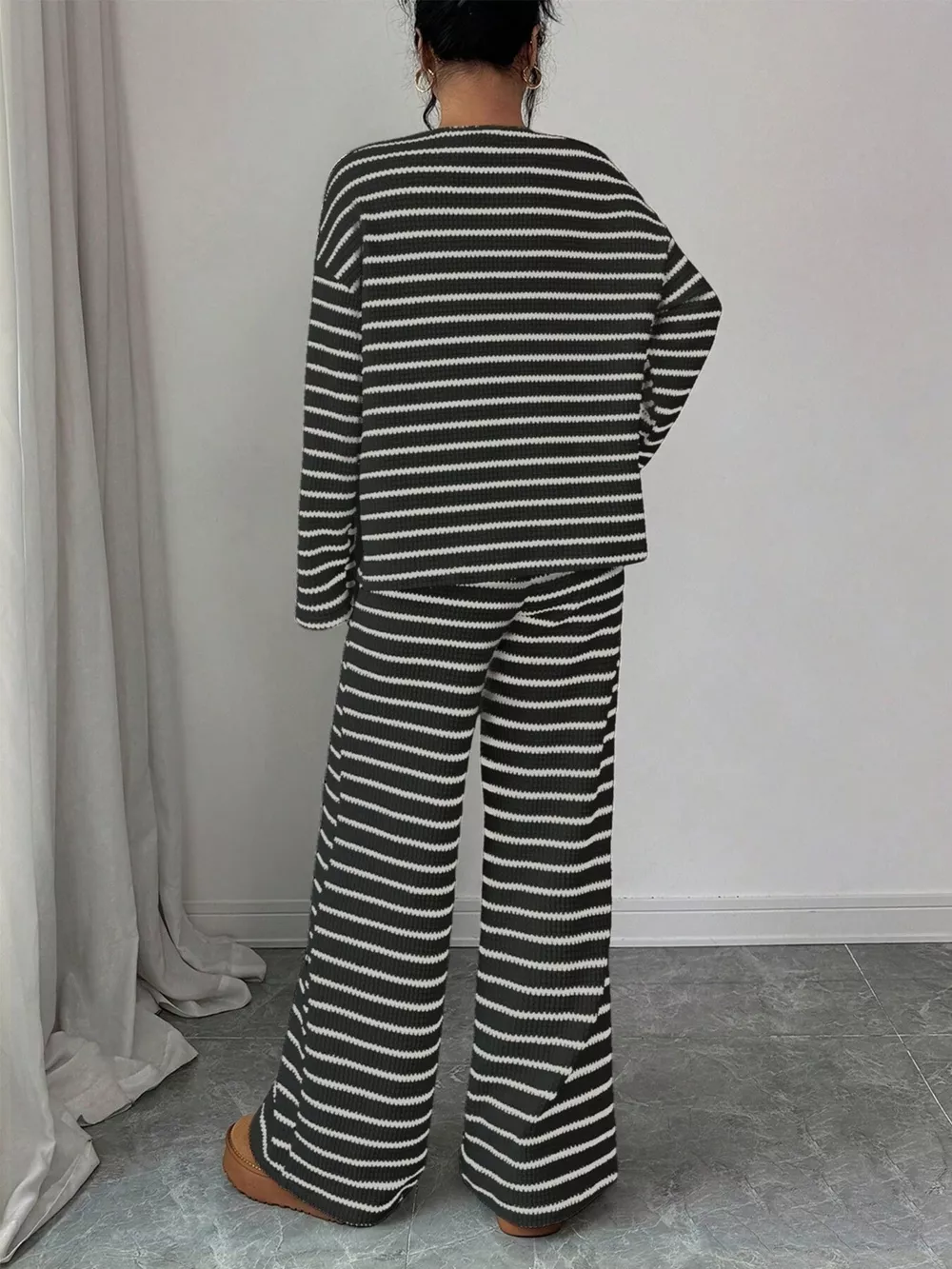 Striped Knit Dropped Shoulder Top and Pants Set, image 8
