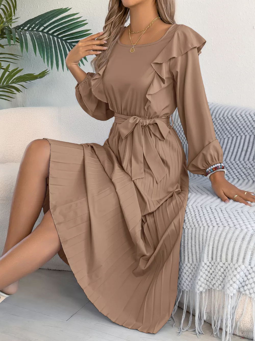 Ruffle Trim Pleated A-Line Midi Dress, image 12