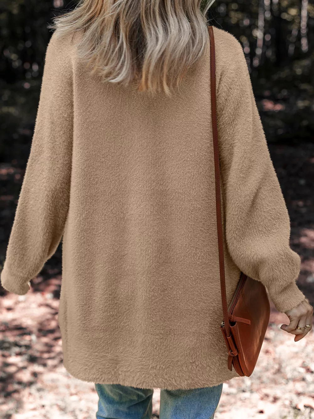 Fuzzy Buttoned Front Cardigan with Pockets, image 4