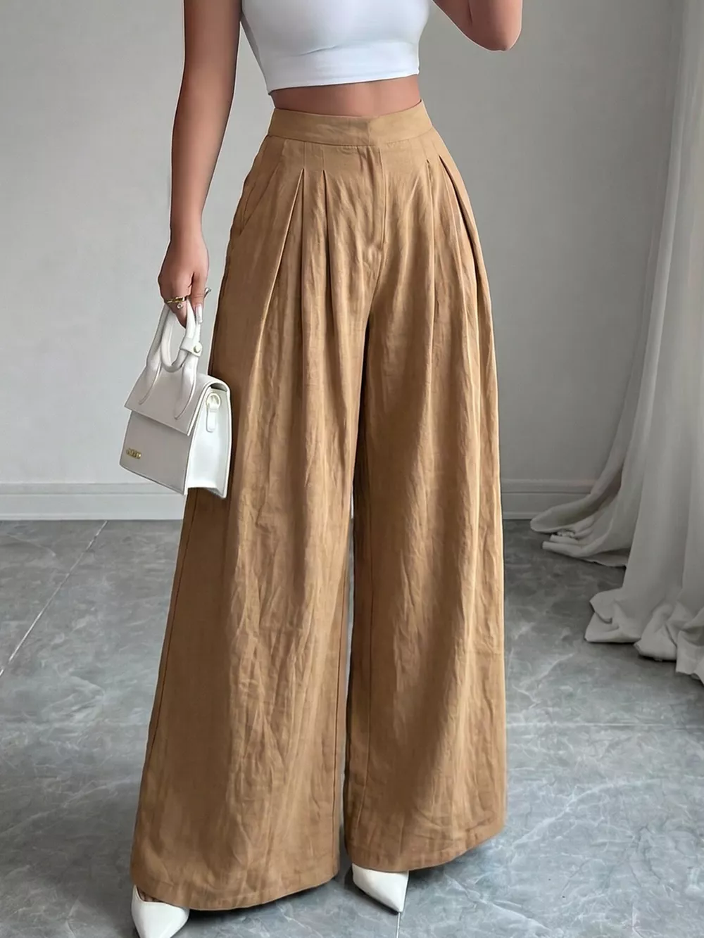 High-Waisted Pleated Wide-Leg Pants, image 4