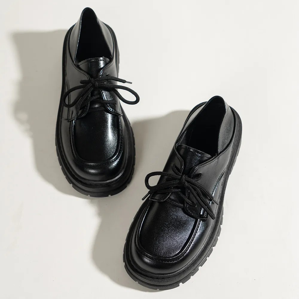 Leather Platform Loafers with Lace-Up Detail, image 4