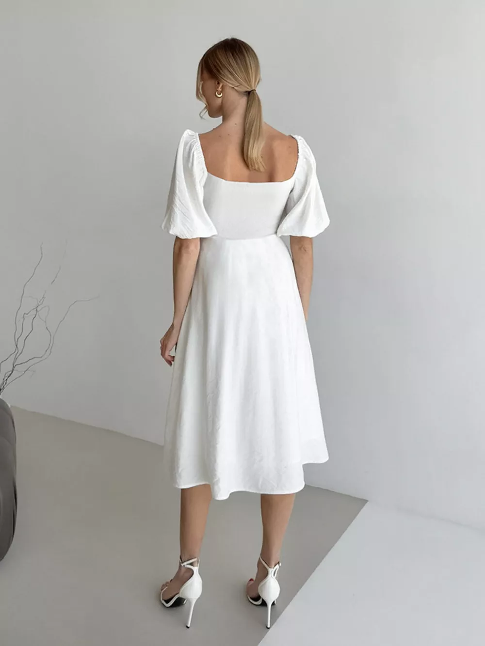 Twisted Front Puff Sleeve Midi Dress, image 9