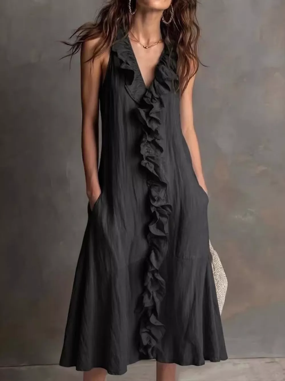 Sleeveless Ruffle Trim V-Neck Midi Dress, image 3