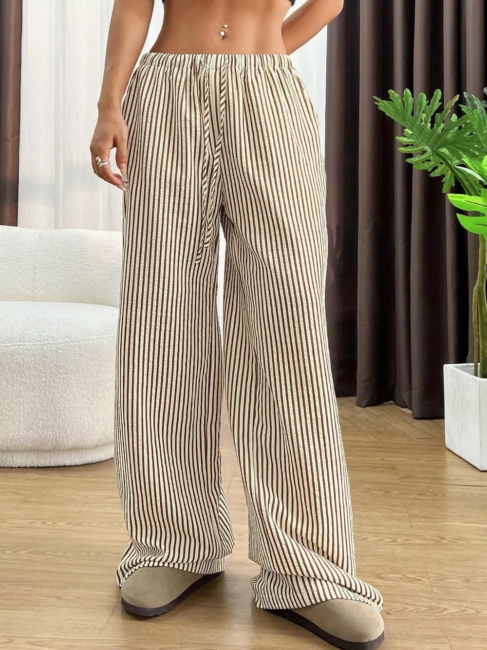 Full Size Striped Drawstring Waist Wide Leg Pants Plus Size, image 11