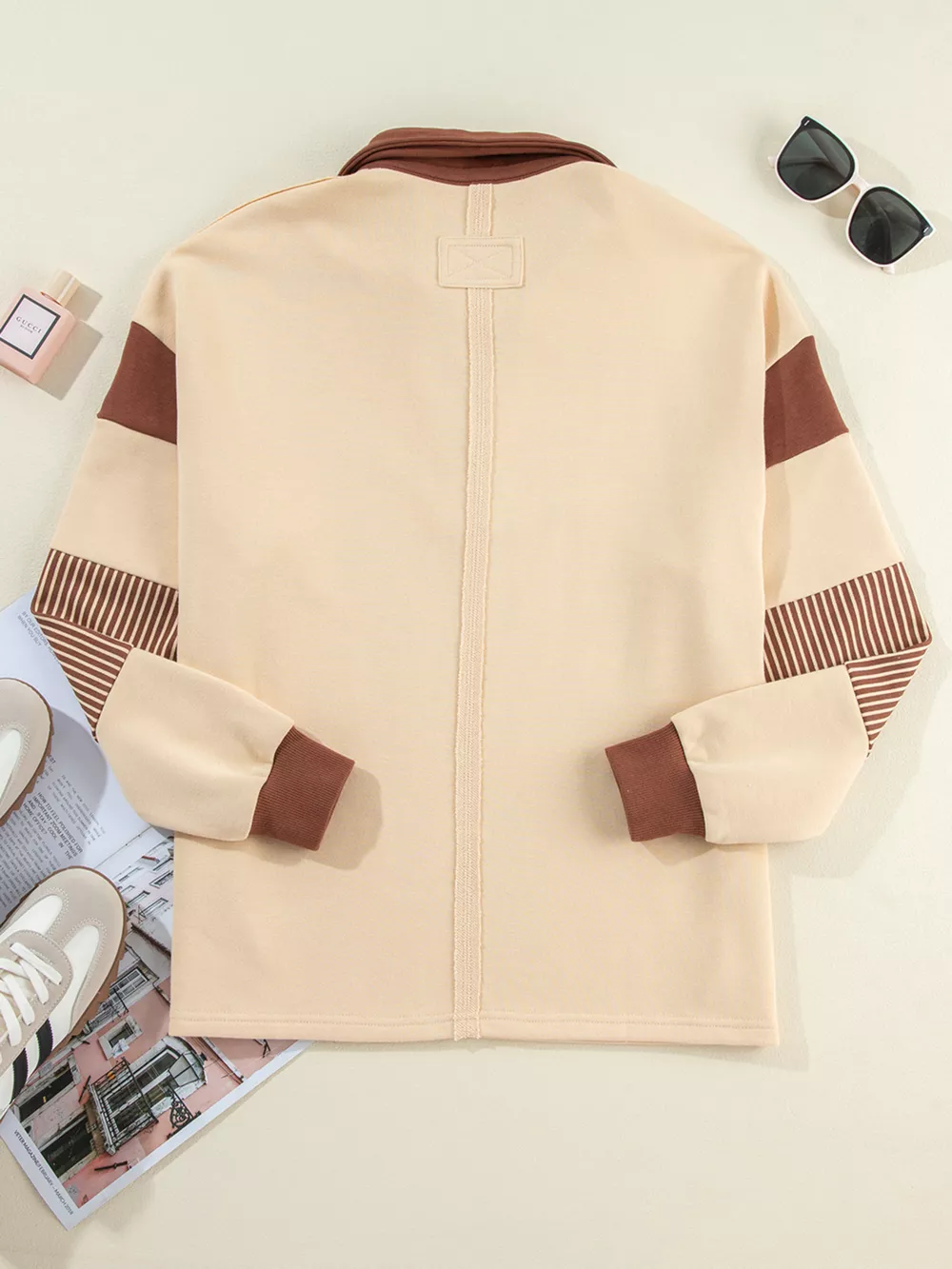 Color Block Striped Patchwork Sequin Rugby Graphic Polo Sweatshirt, image 9