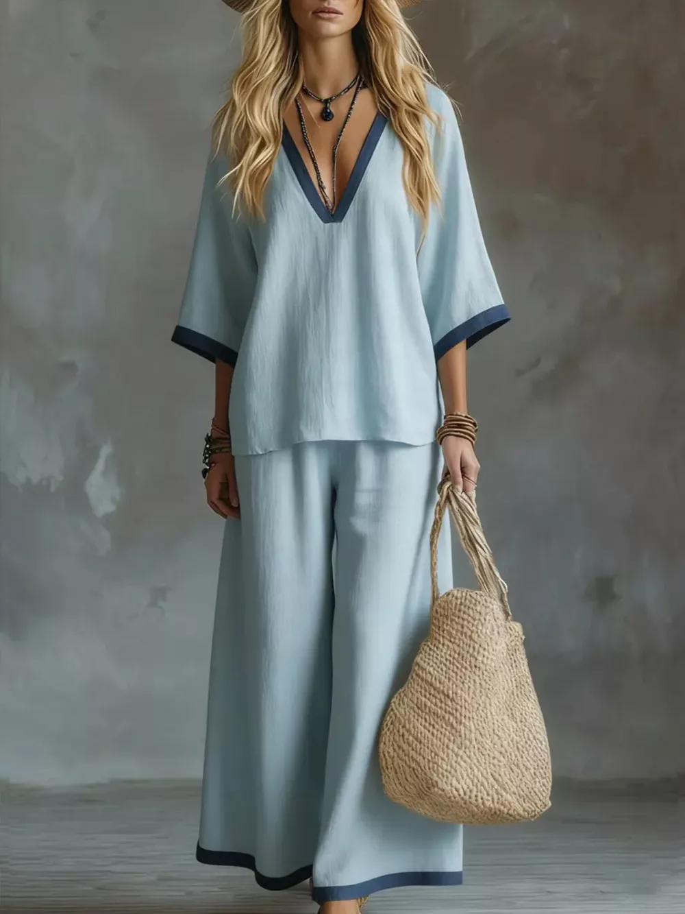 Contrast Trim V-Neck Top and Pants Set, image 4