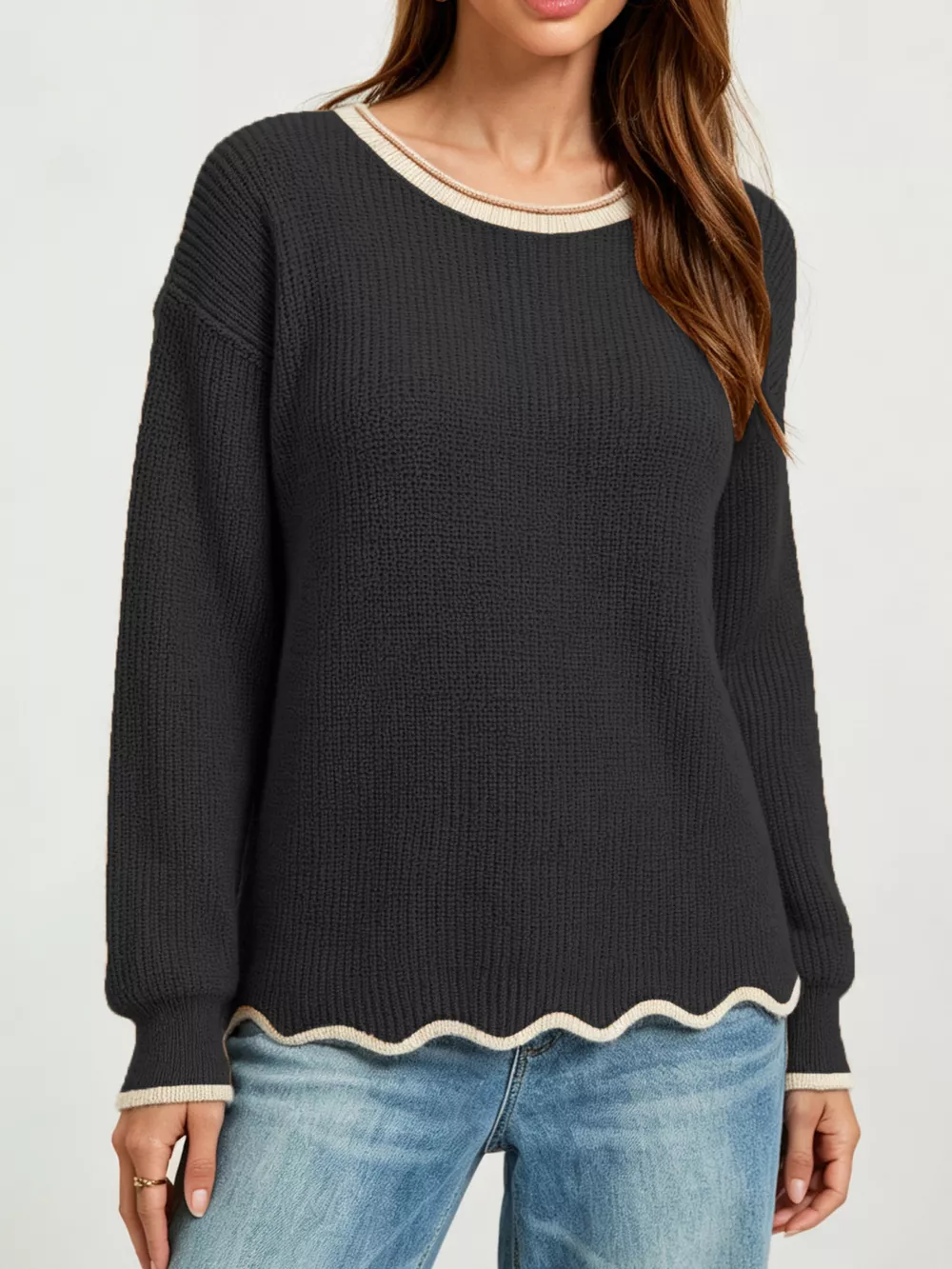 Contrast Trim Scalloped Hem Ribbed Knit Sweater, image 4