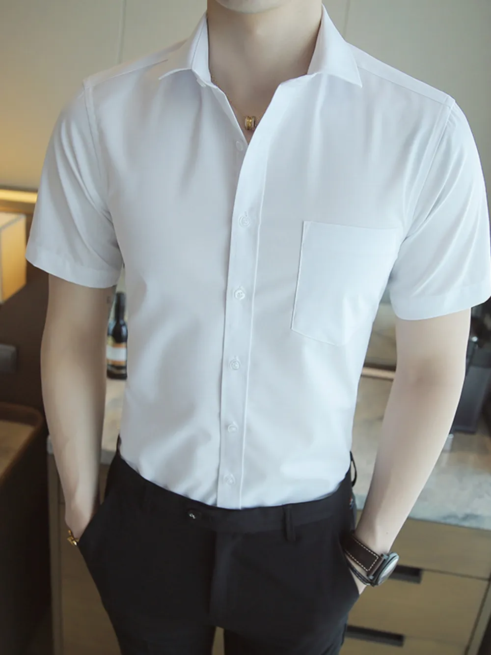 Men's Short Sleeve Solid Color Slim Fit Casual Shirt, image 5