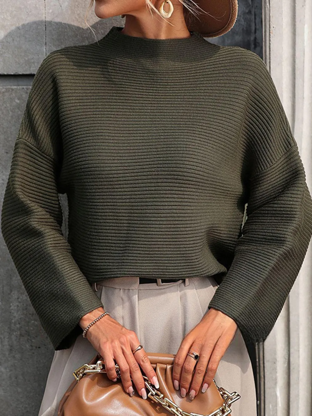 Mock Neck Drop Shoulder Knit Top, image 5