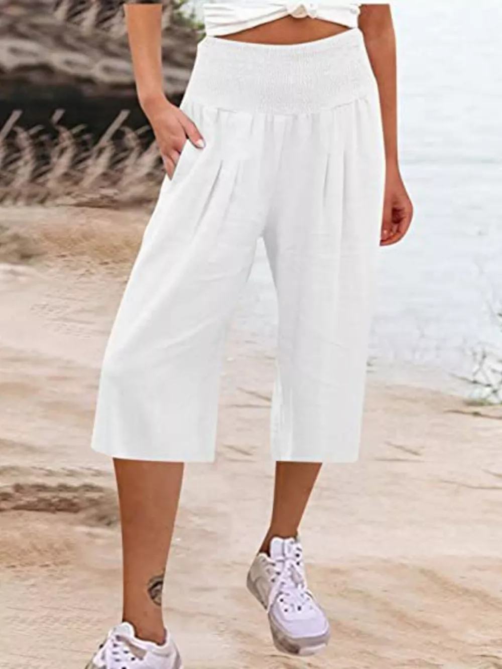 Smocked Wide-Leg Capri Pants
