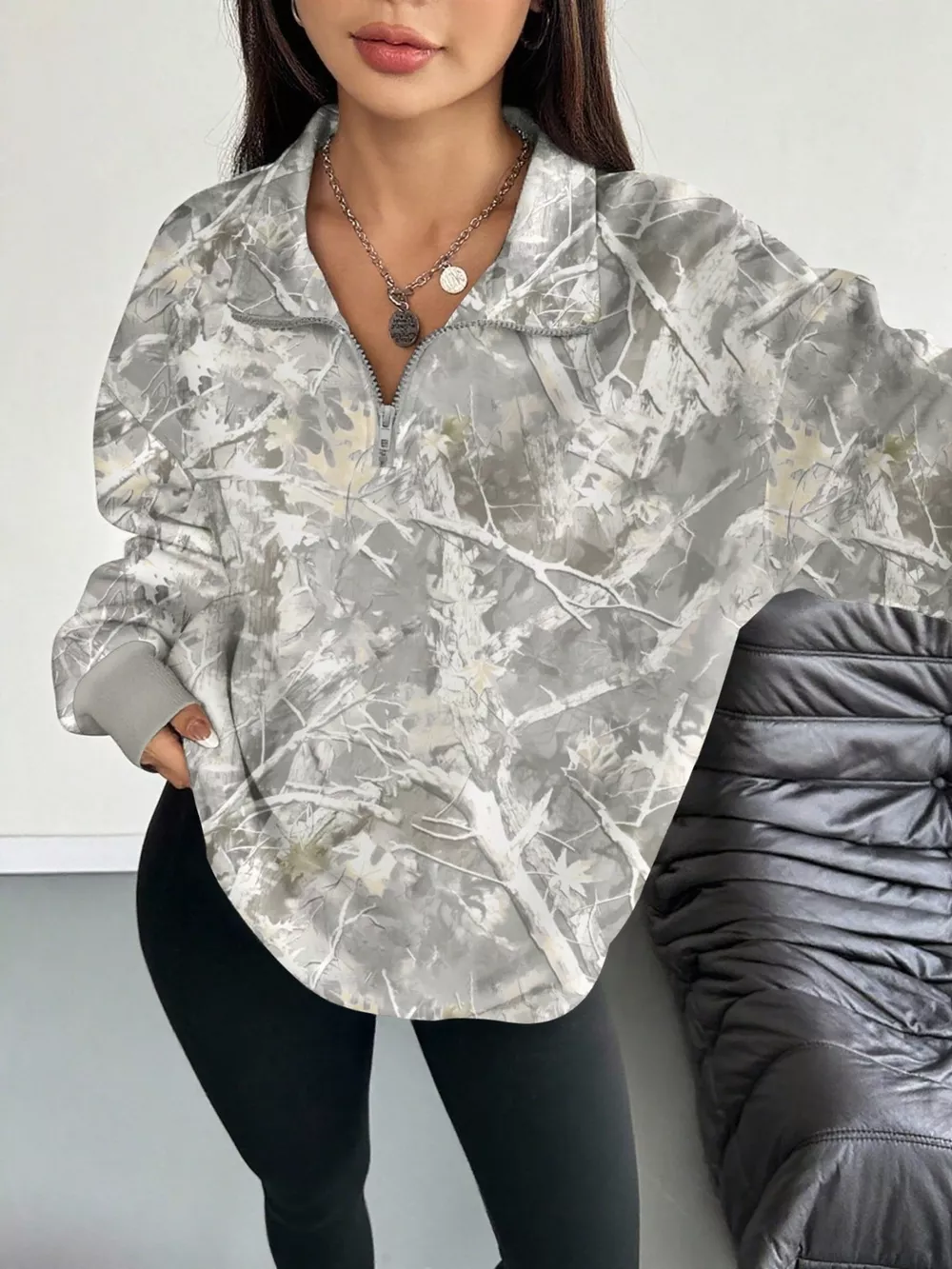 Quarter-Zip Printed Sweatshirt with Ribbed Cuffs, image 2