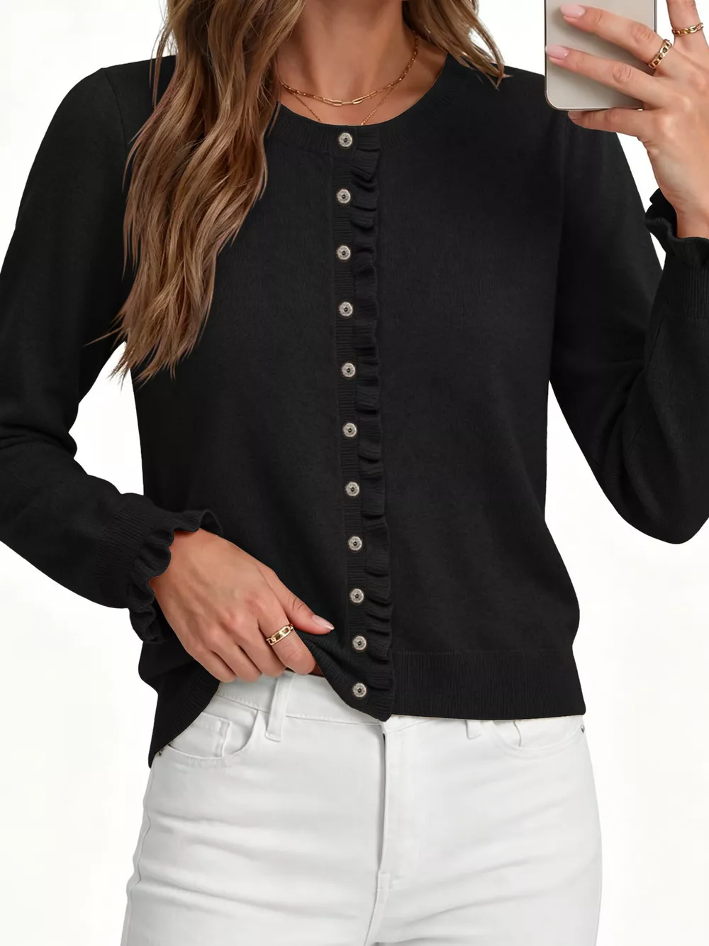 Ruffle-Trimmed Button-Down Knit Cardigan, image 8