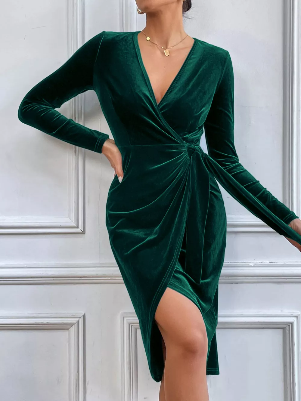 Velvet Wrap Long Sleeve Midi Dress