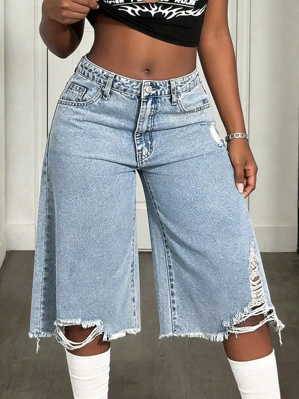 Distressed Wide-Leg Denim Shorts, image 4