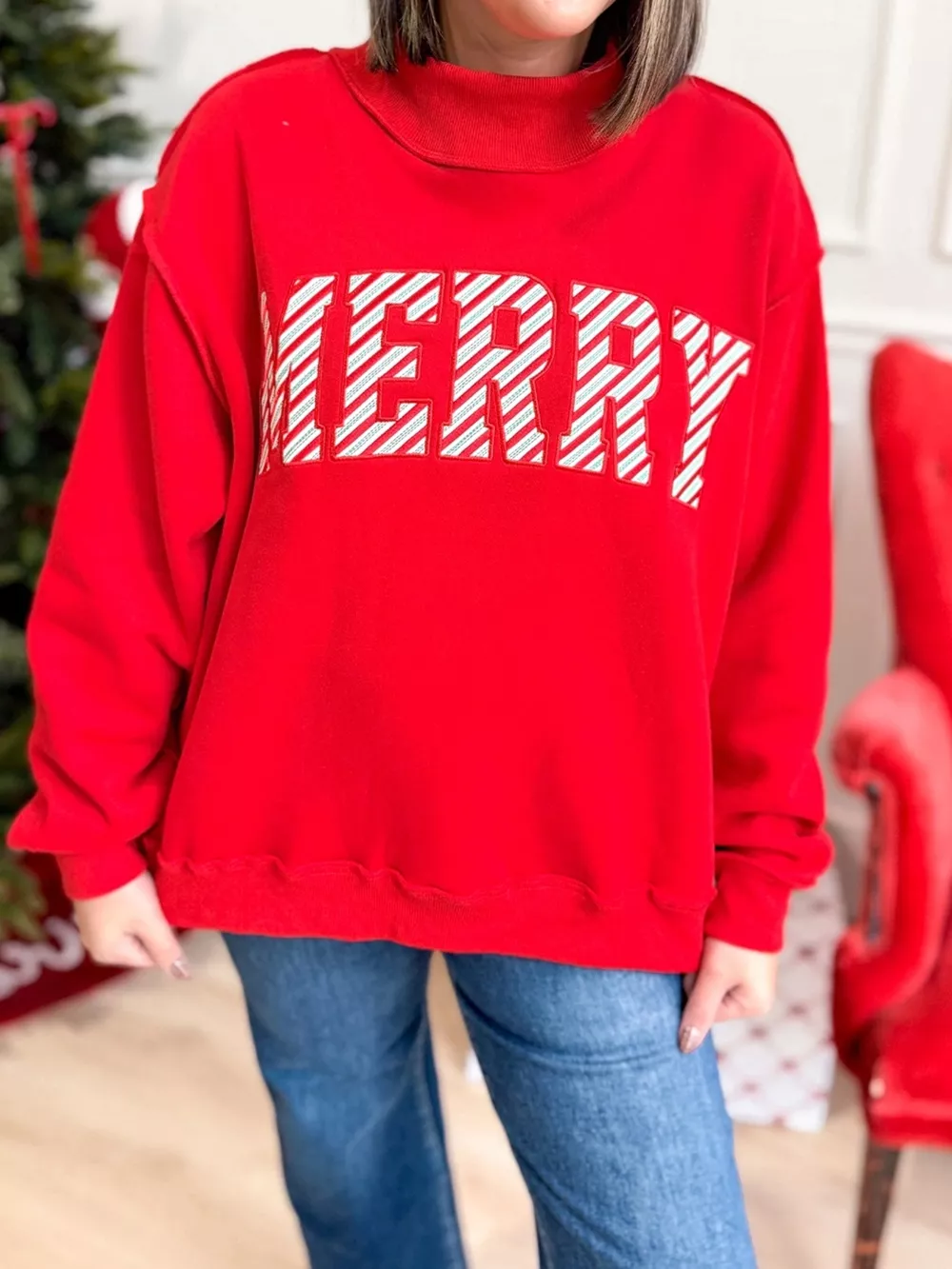 Embroidered Merry Slogan Stand Neck Long Sleeve Sweatshirt, image 5